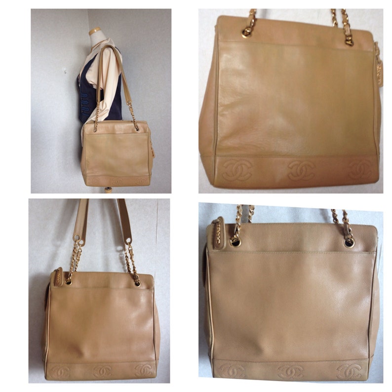 CHANEL Vintage brown beige caviar leather chain tote bag, shoulder purse with CC stitch marks