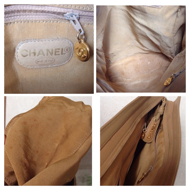 CHANEL Vintage brown beige caviar leather chain tote bag, shoulder purse with CC stitch marks