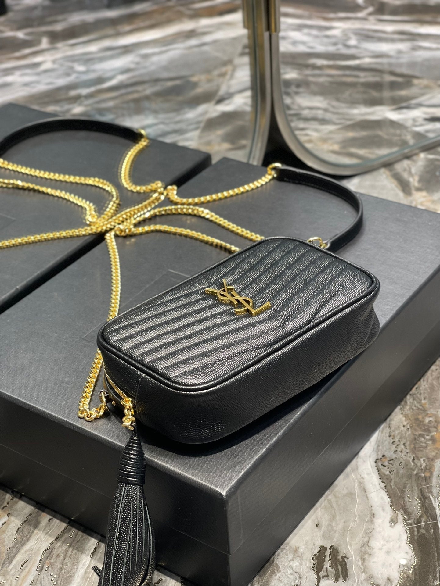 YSL Lou Mini Bag In Quilted  Grain  De Poudre Embossed Leather