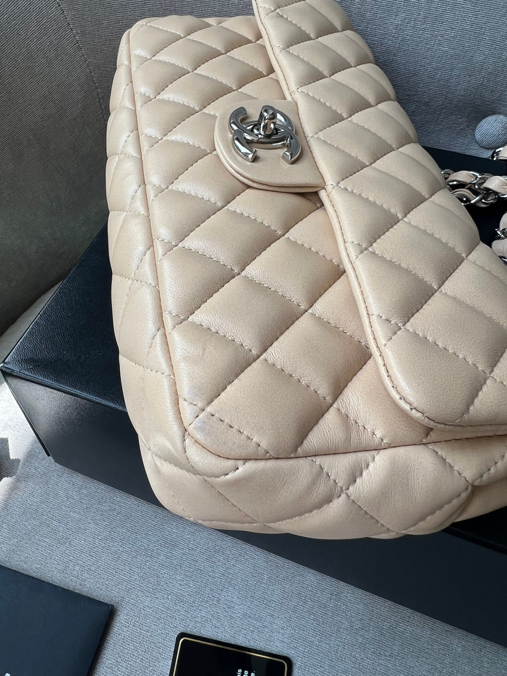 Chanel East West Flap in Light Beige Lambskin Silver Hardware