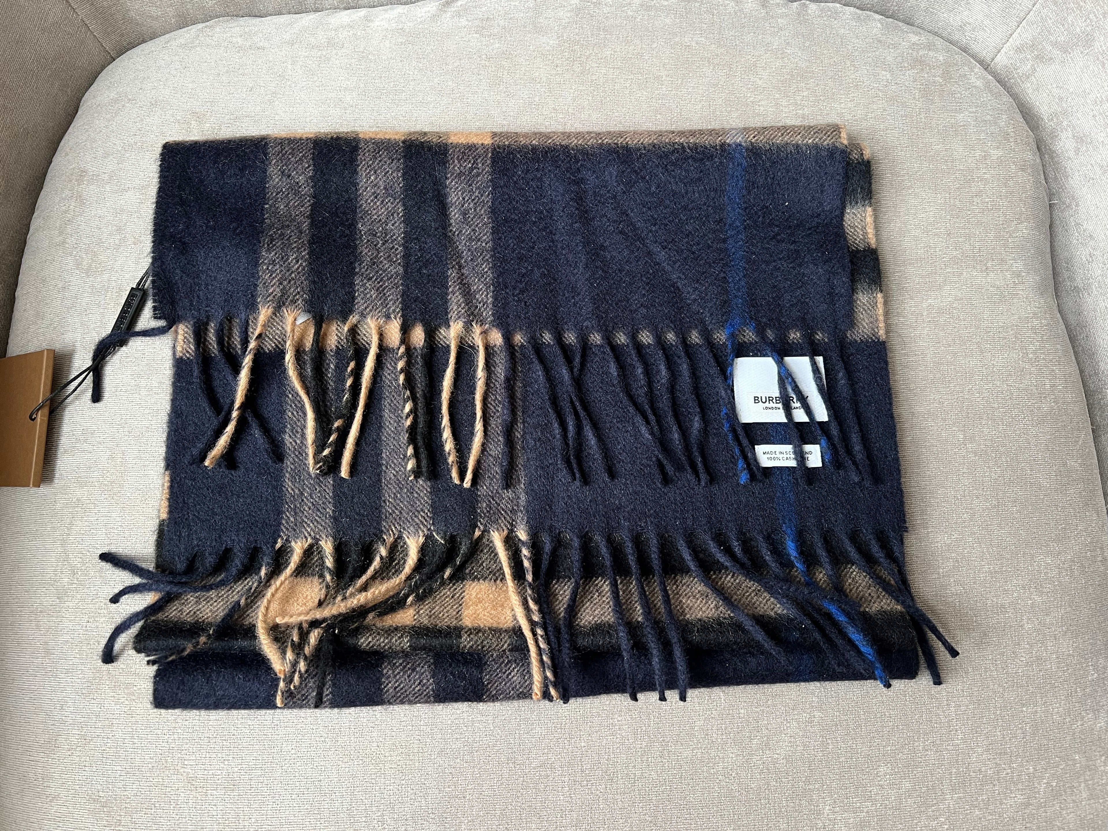 Burberry Classic Check Indigo and Mid Camel Cashmere Scarf (RRP £420)