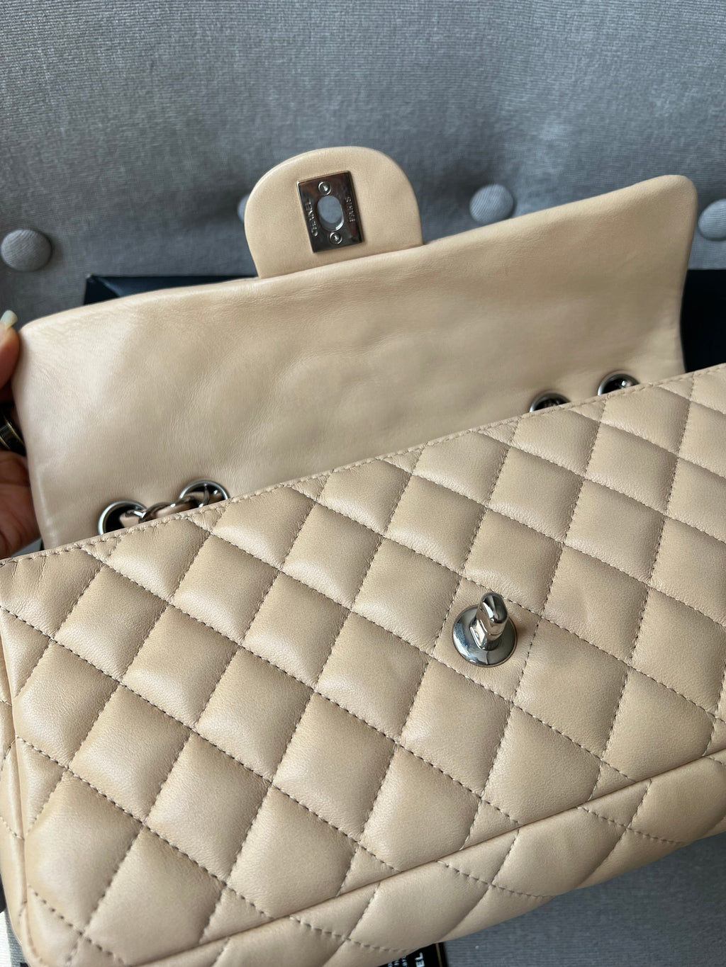 Chanel East West Flap in Light Beige Lambskin Silver Hardware
