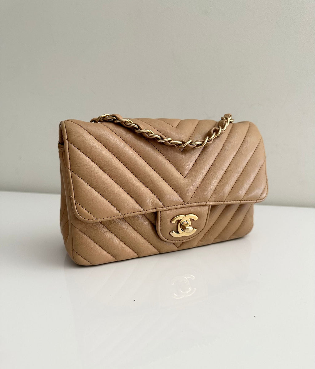 CHANEL Calfskin Dark Beige Chevron Classic Flap Mini GHW
