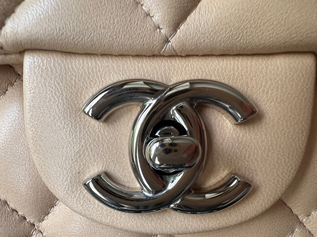 Chanel East West Flap in Light Beige Lambskin Silver Hardware