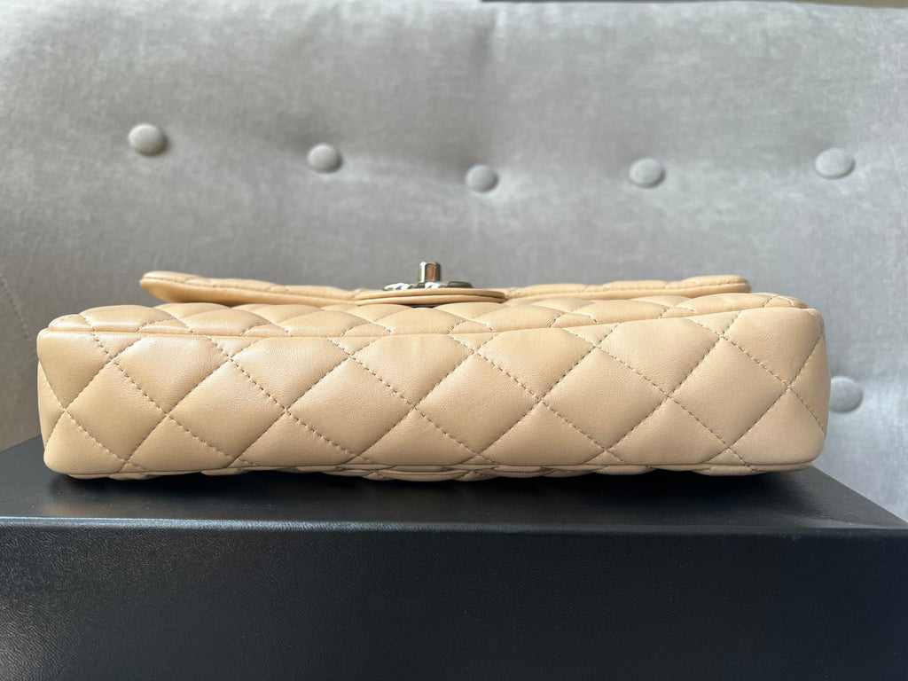 Chanel East West Flap in Light Beige Lambskin Silver Hardware