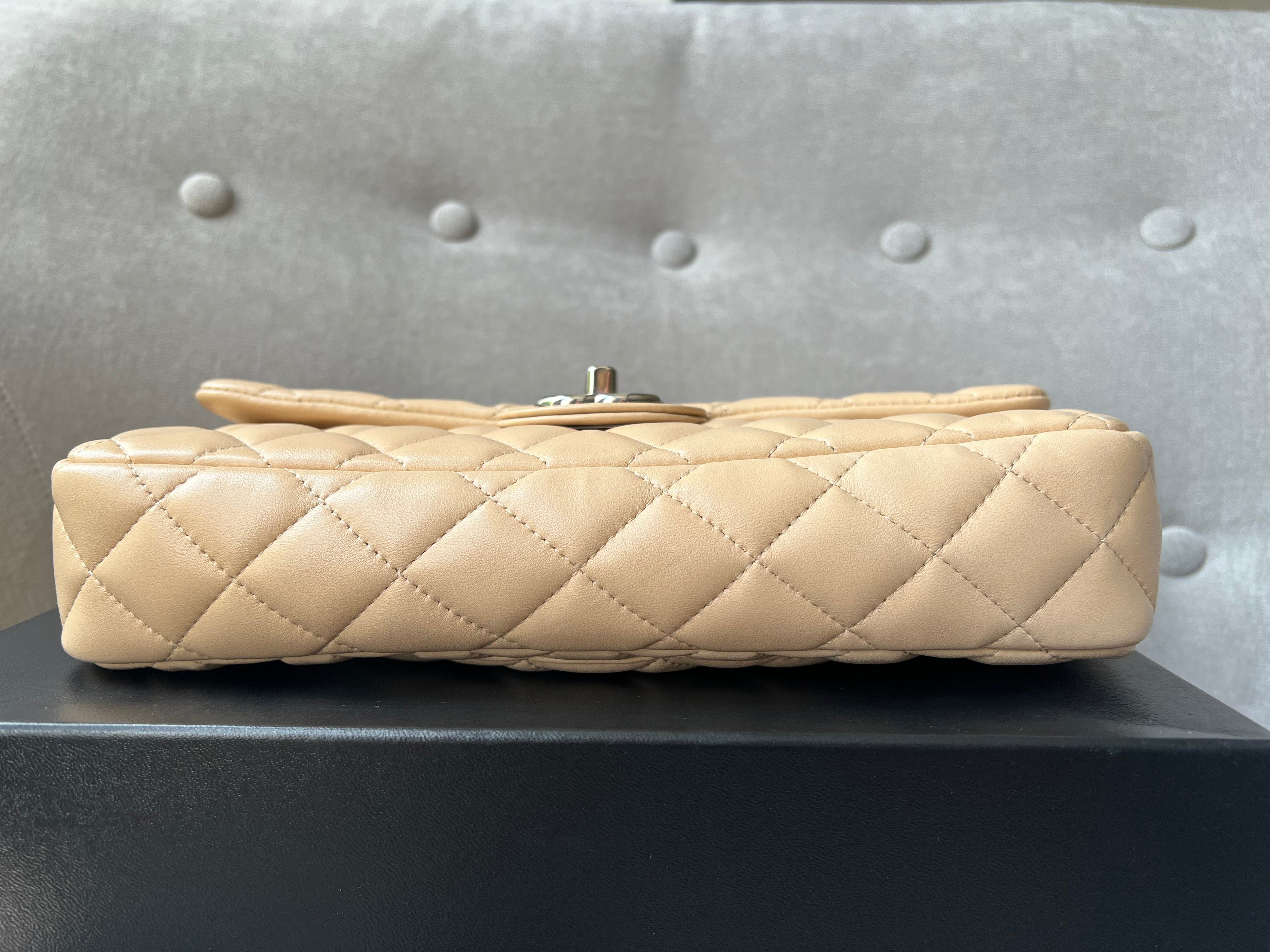 Chanel East West Flap in Light Beige Lambskin Silver Hardware