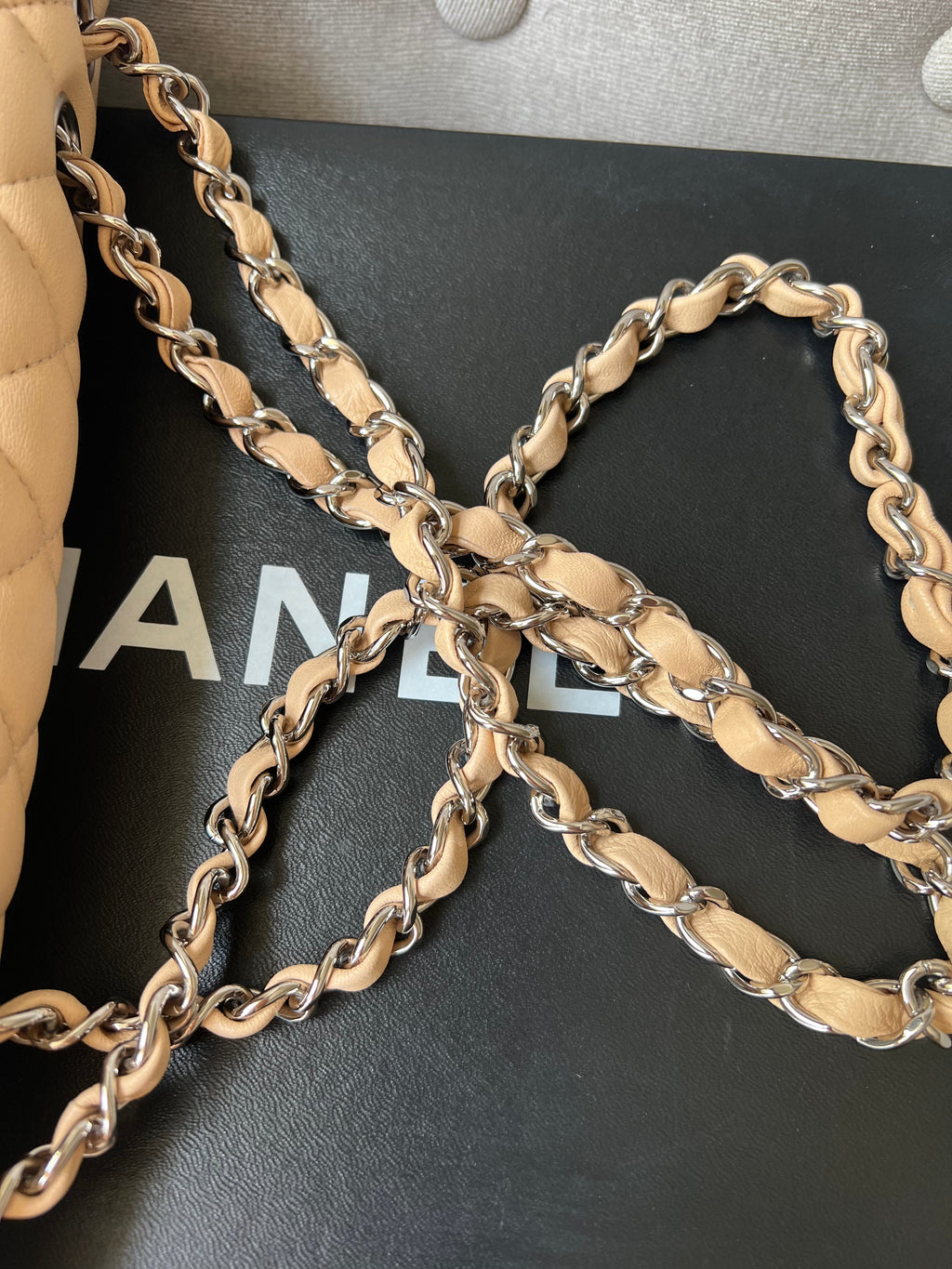 Chanel East West Flap in Light Beige Lambskin Silver Hardware