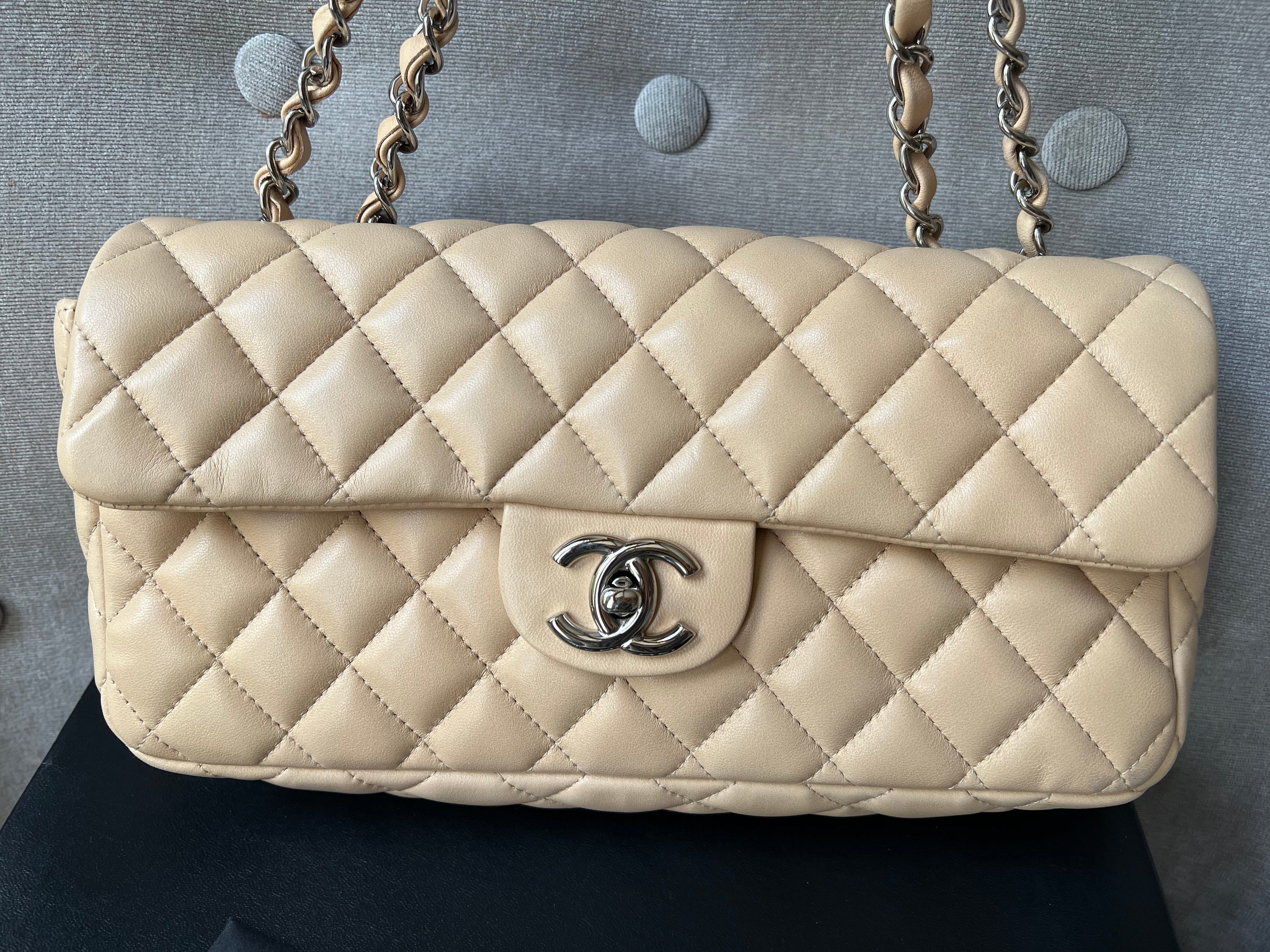 Chanel East West Flap in Light Beige Lambskin Silver Hardware
