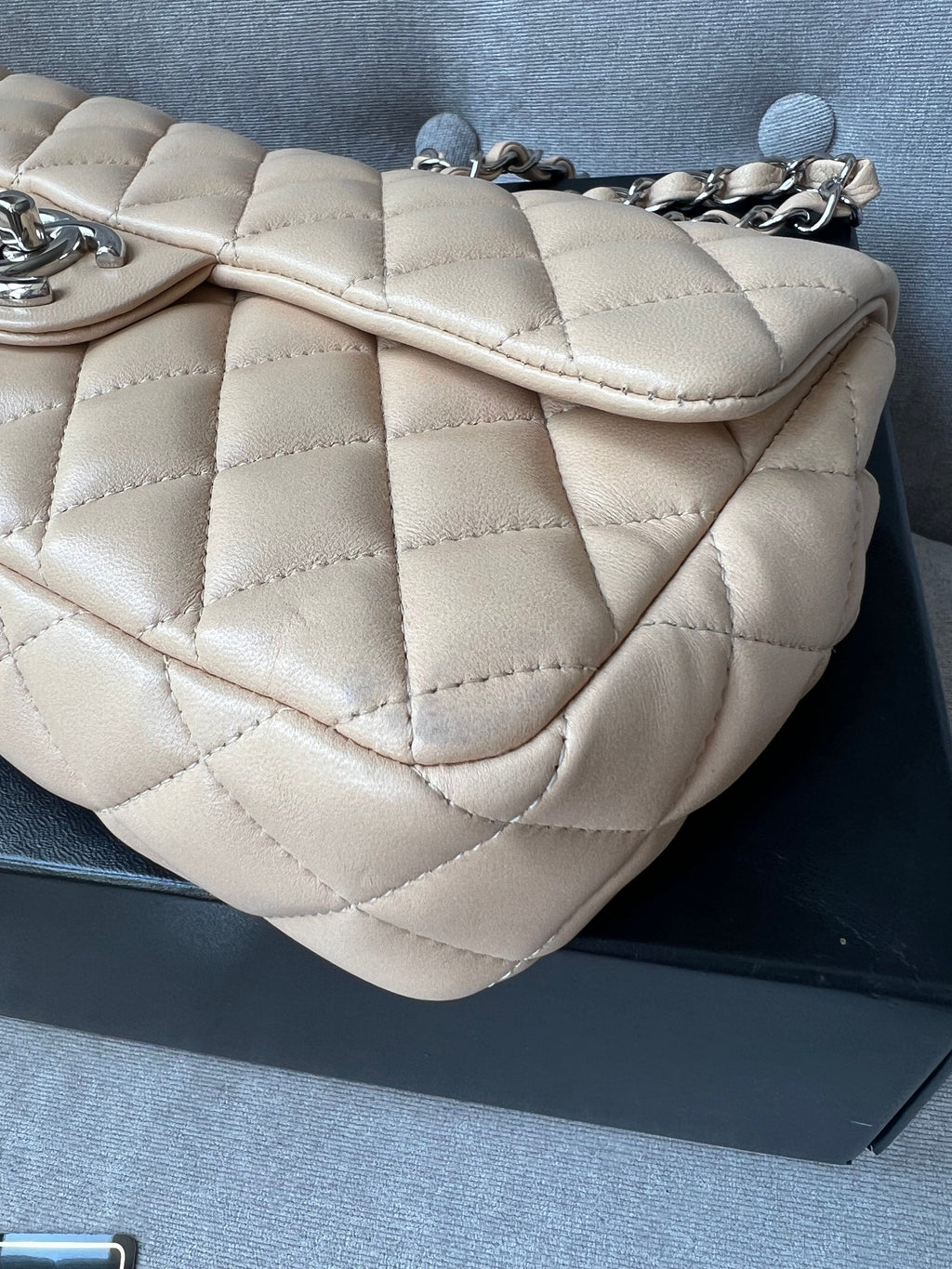 Chanel East West Flap in Light Beige Lambskin Silver Hardware