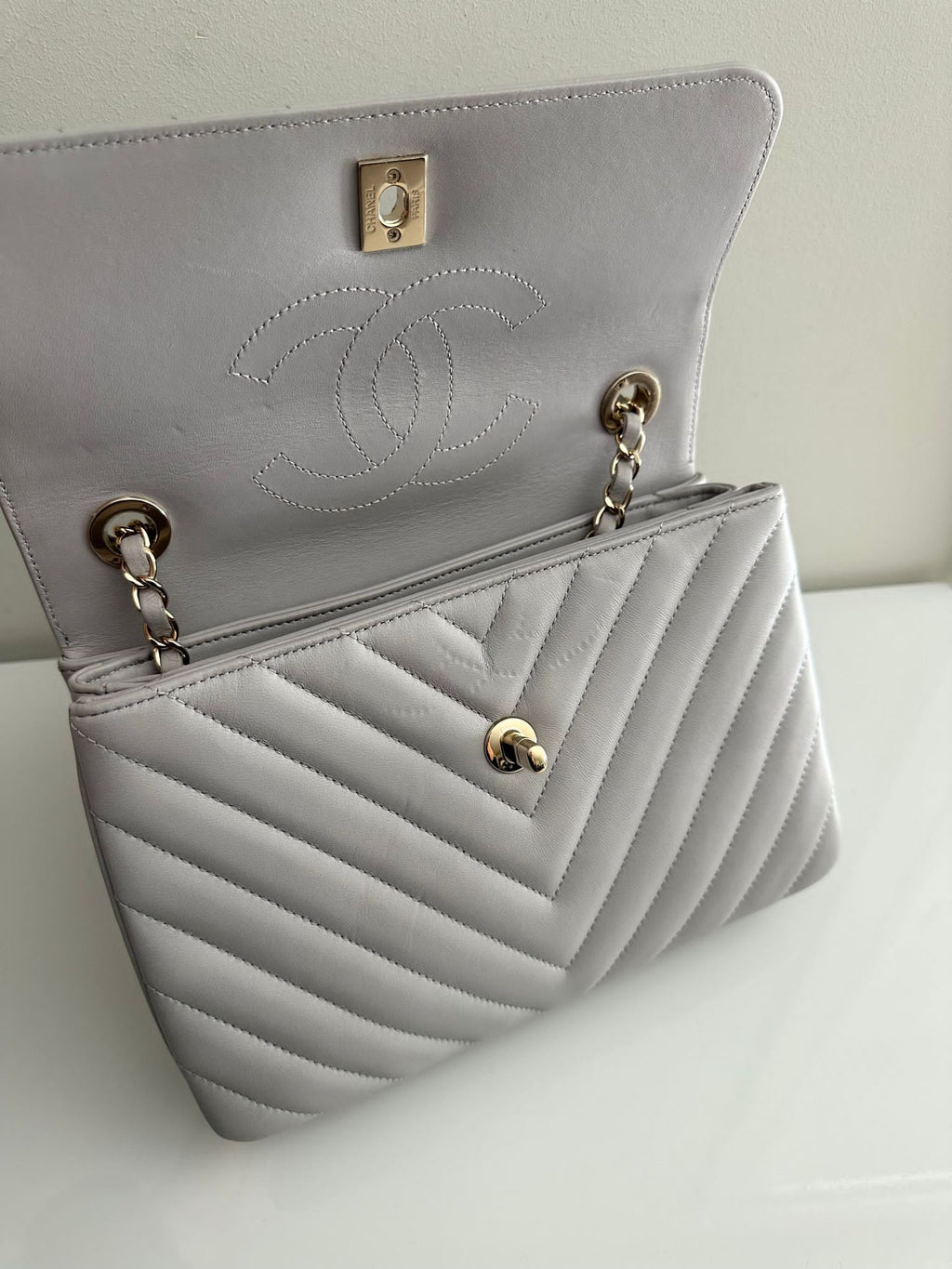 CHANEL Trendy CC Dual Handle Small Chevron Lambskin Leather