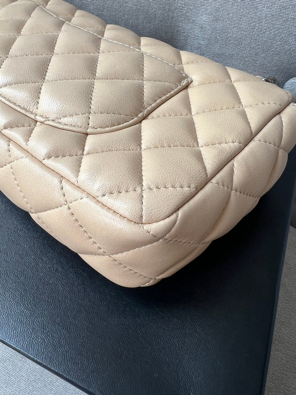 Chanel East West Flap in Light Beige Lambskin Silver Hardware