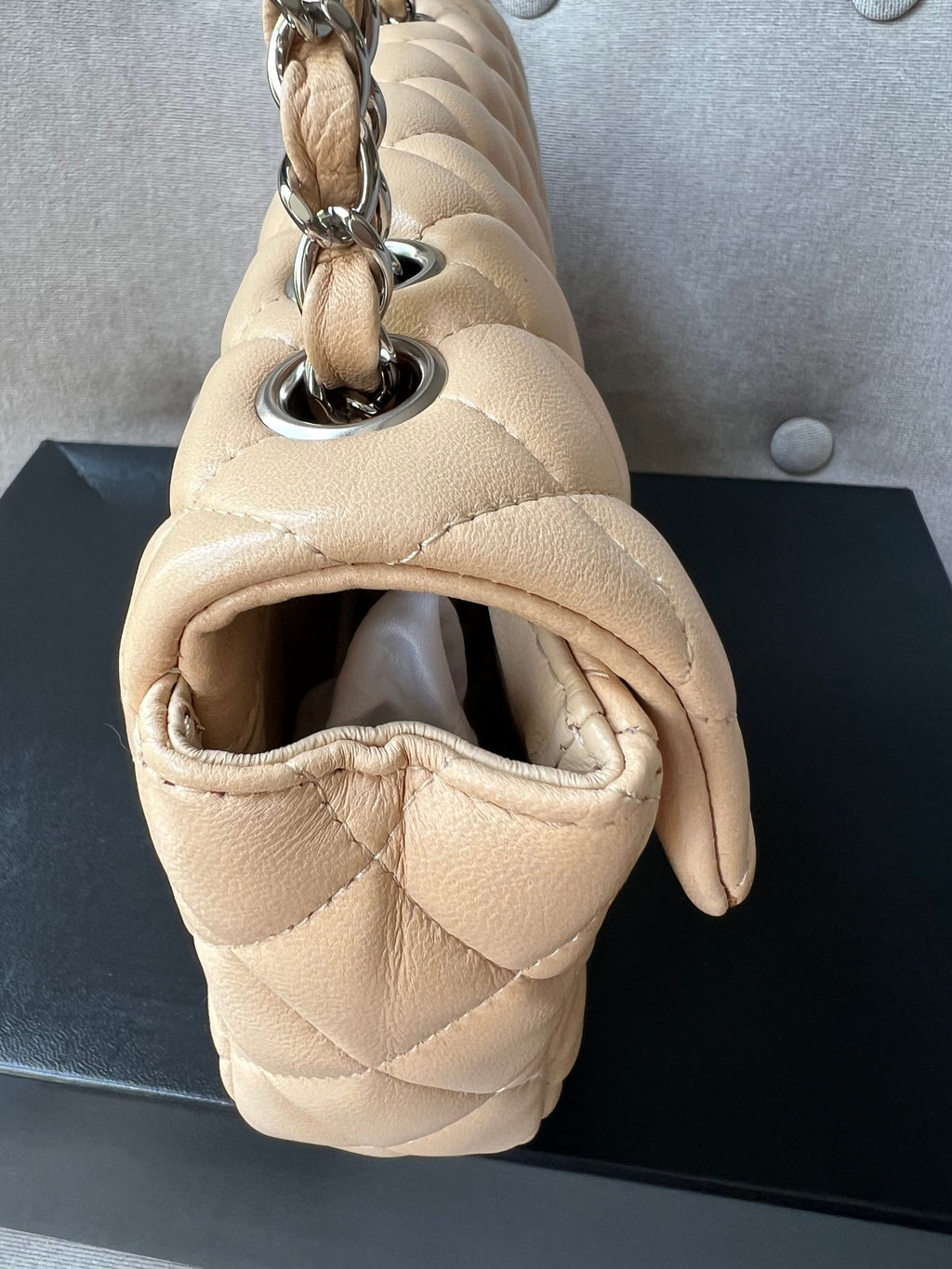 Chanel East West Flap in Light Beige Lambskin Silver Hardware