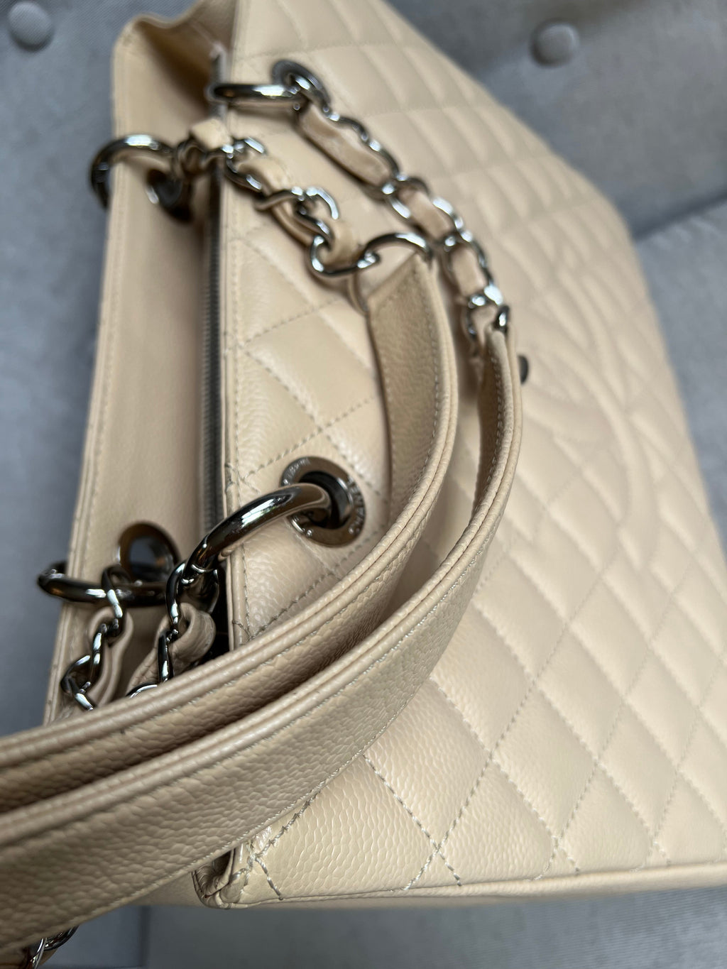 Chanel Light Beige Caviar Grand Shopper Tote with gold hardware (GST)