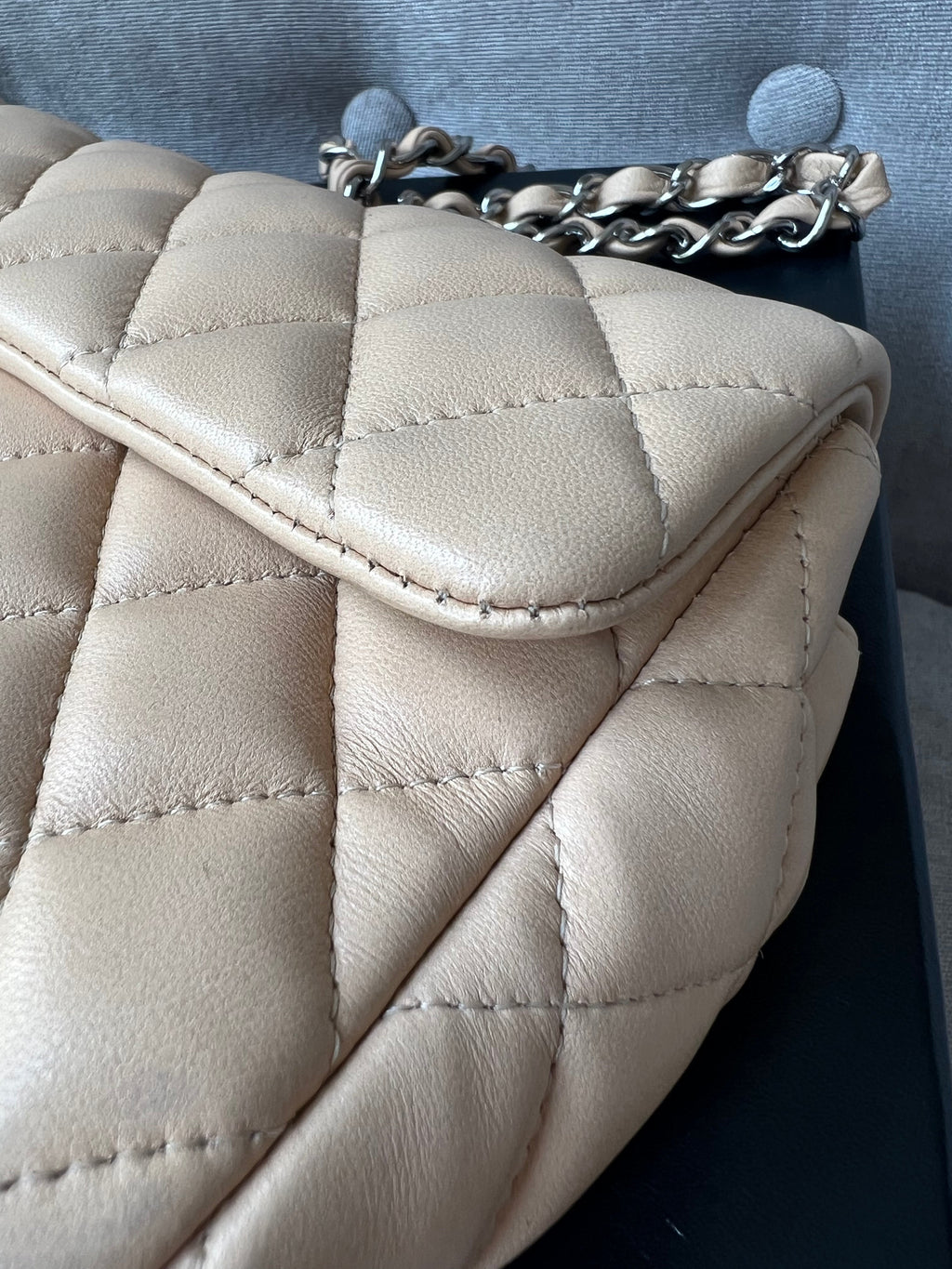 Chanel East West Flap in Light Beige Lambskin Silver Hardware