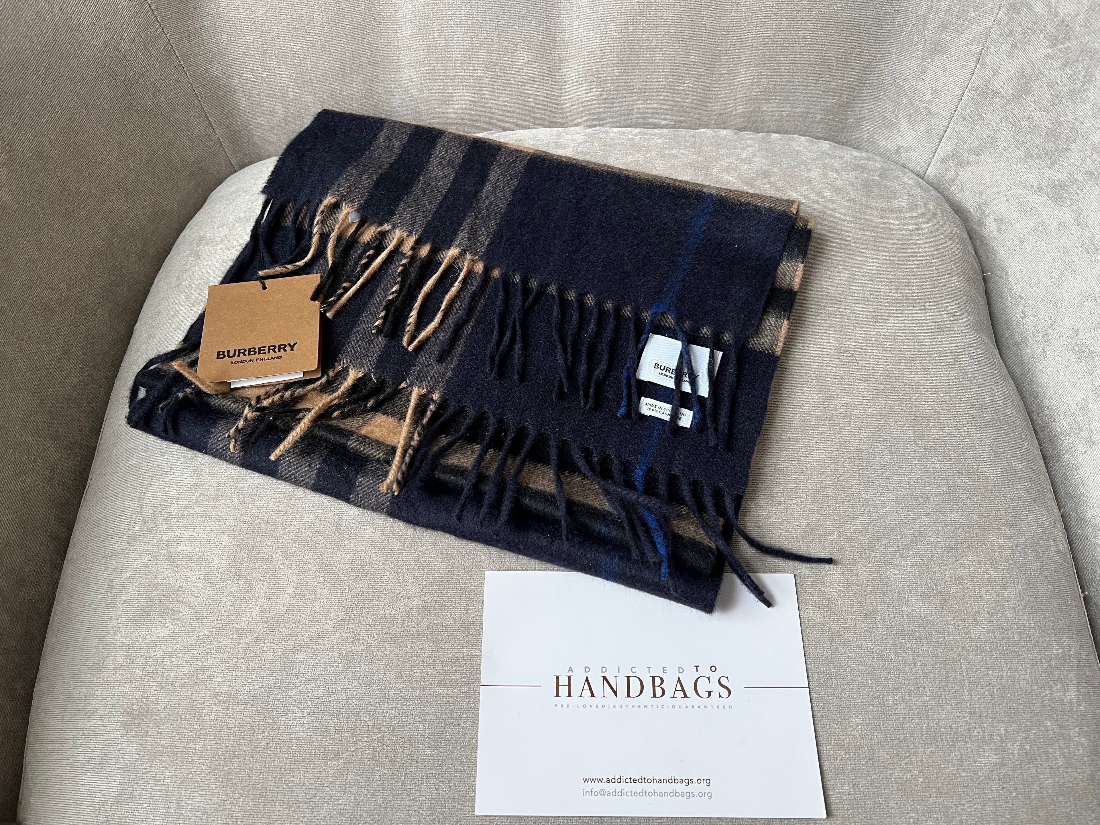 Burberry Classic Check Indigo and Mid Camel Cashmere Scarf (RRP £420)