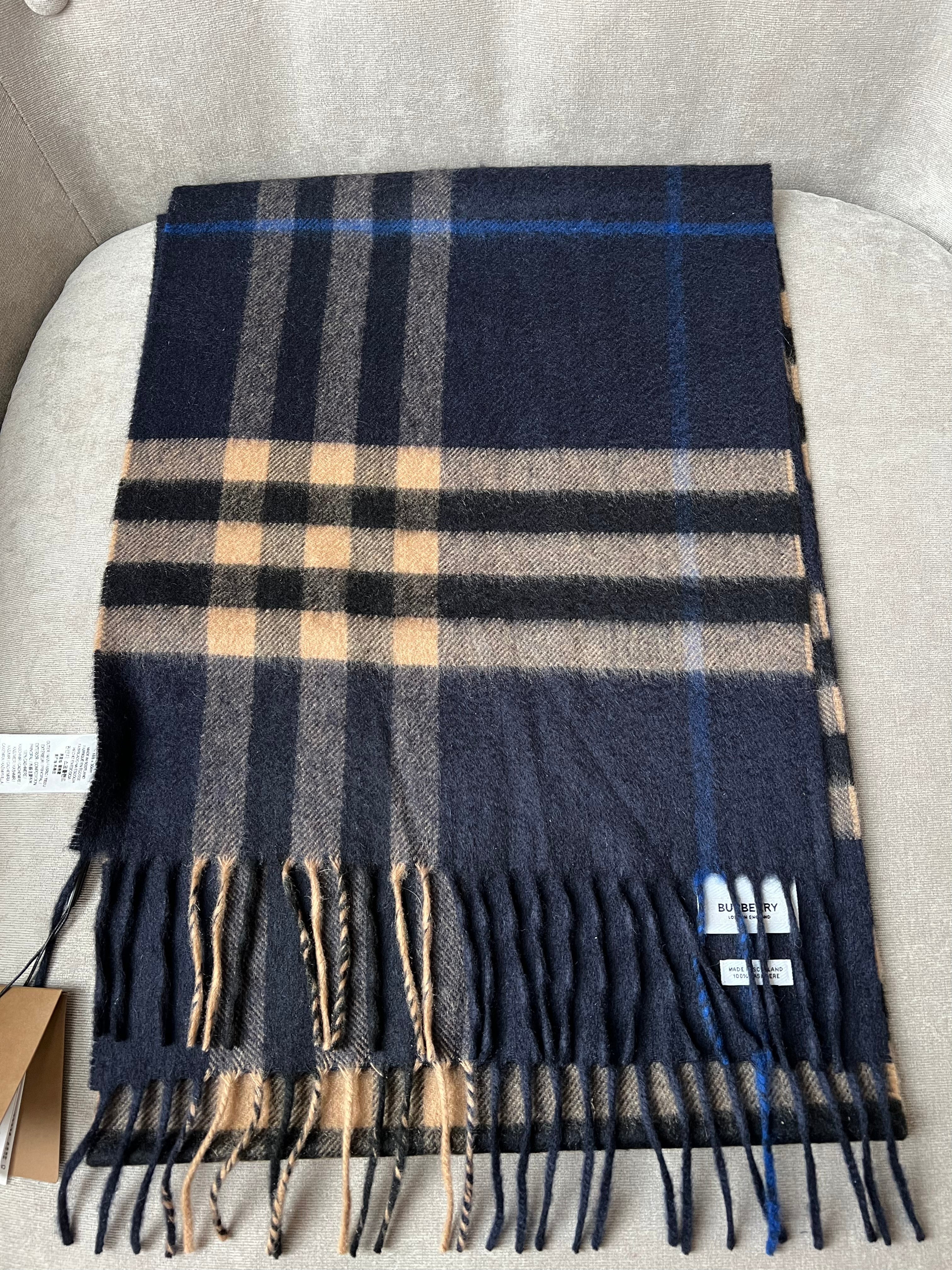 Burberry Classic Check Indigo and Mid Camel Cashmere Scarf (RRP £420)