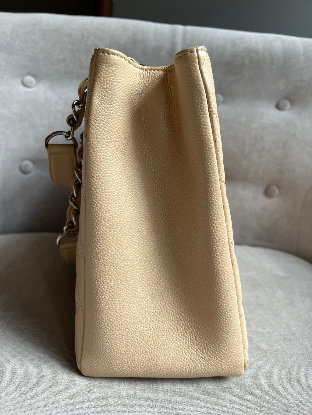 Chanel Light Beige Caviar Grand Shopper Tote with gold hardware (GST)