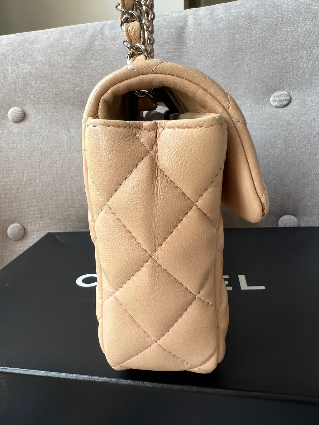 Chanel East West Flap in Light Beige Lambskin Silver Hardware