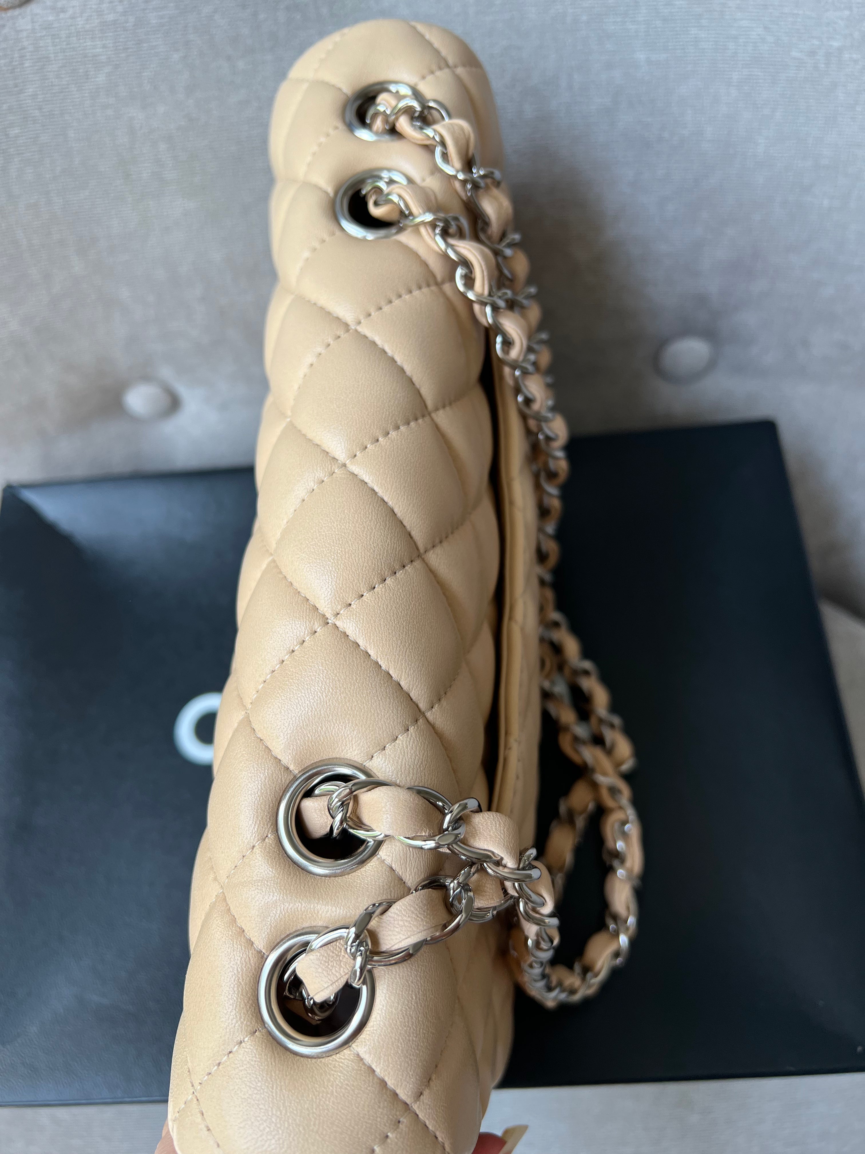 Chanel East West Flap in Light Beige Lambskin Silver Hardware