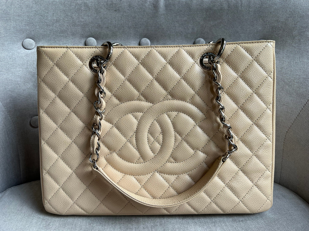 Chanel Light Beige Caviar Grand Shopper Tote with gold hardware (GST)