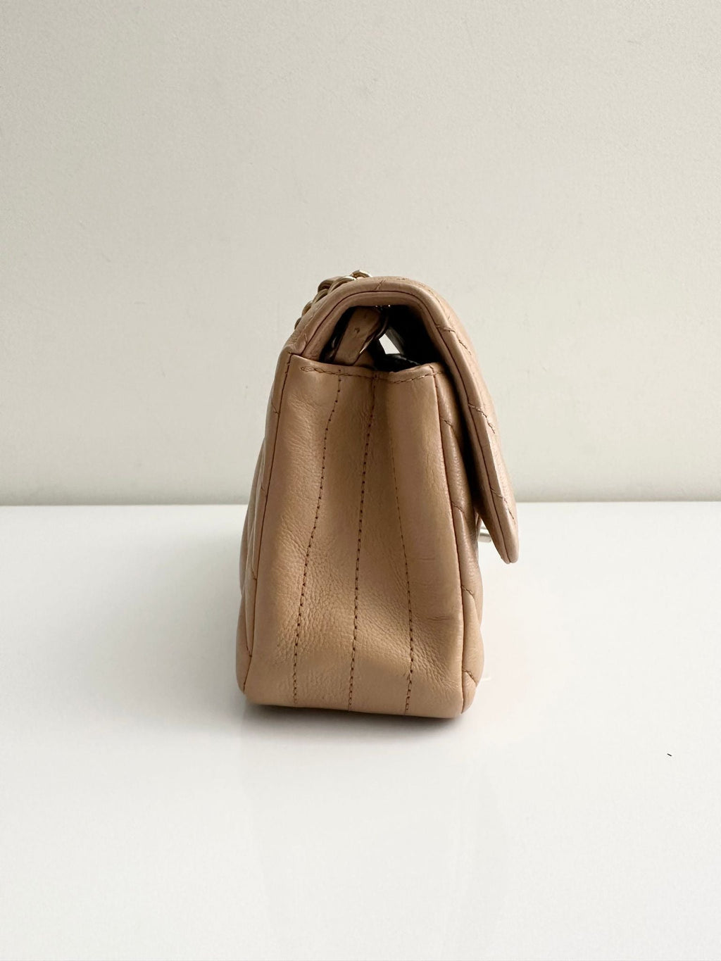 CHANEL Calfskin Dark Beige Chevron Classic Flap Mini GHW