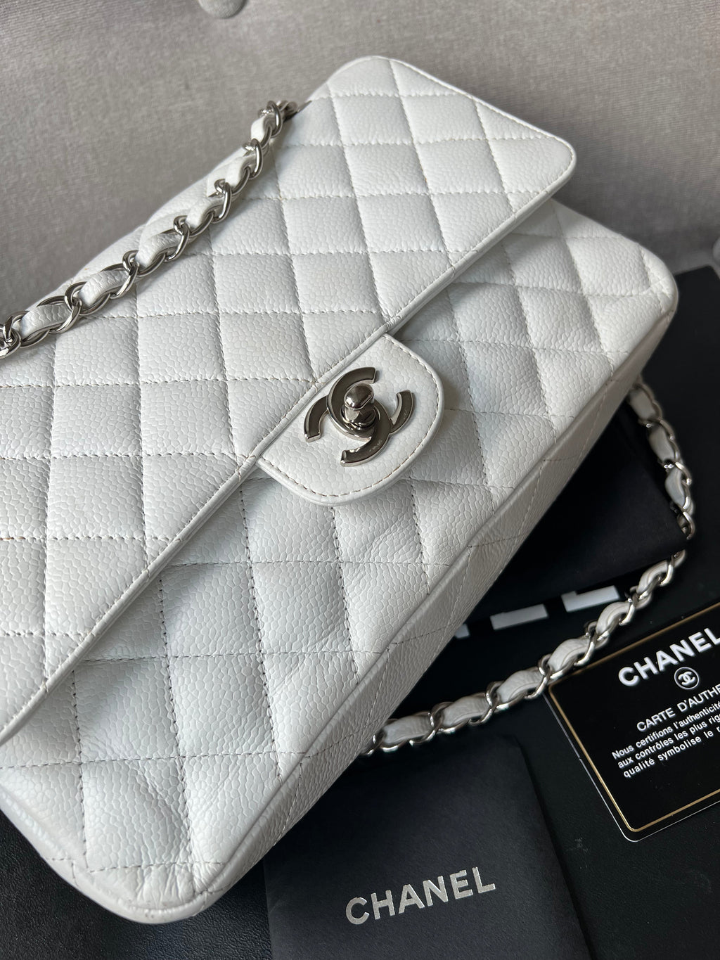 Chanel Medium Classic Flap in White Caviar (RRP £8,530)