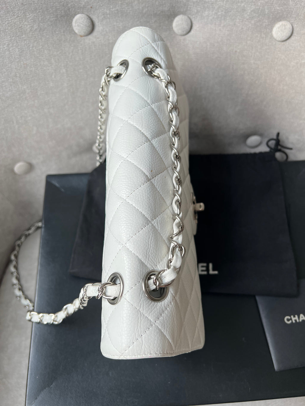 Chanel Medium Classic Flap in White Caviar (RRP £8,530)