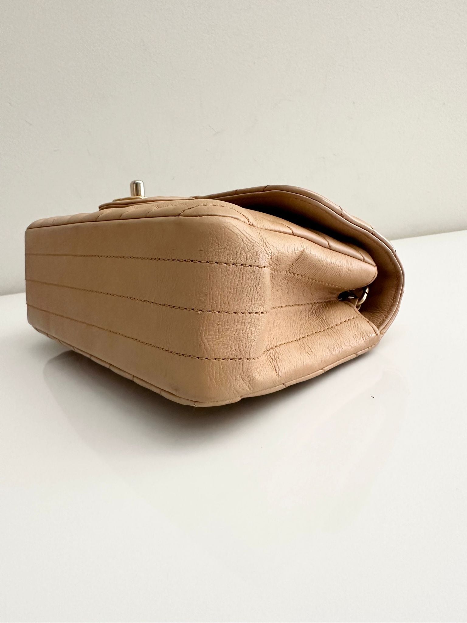 CHANEL Calfskin Dark Beige Chevron Classic Flap Mini GHW