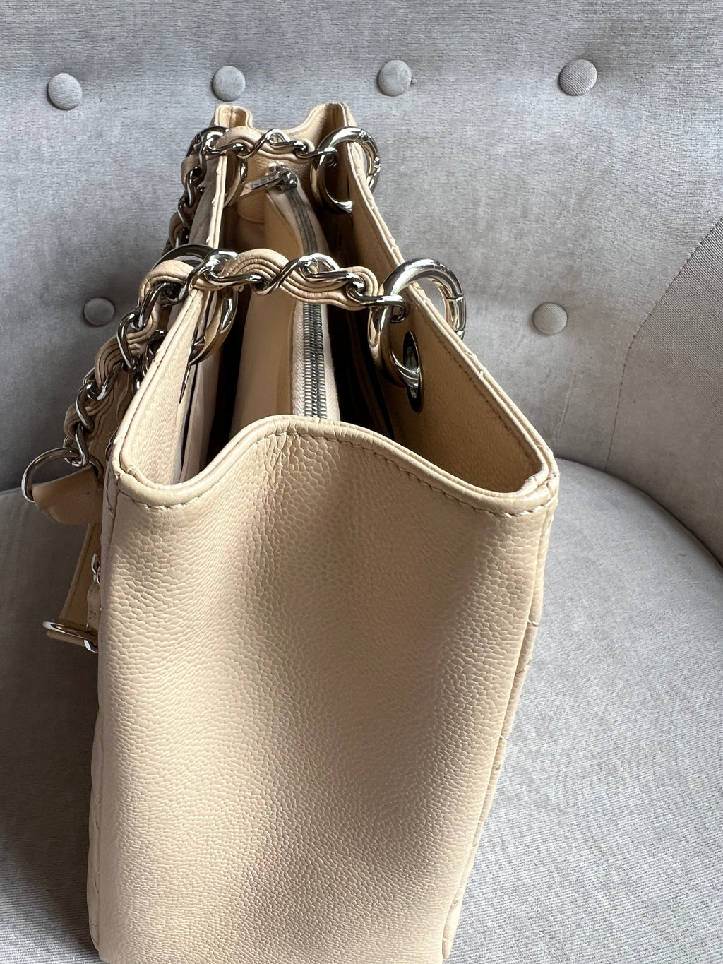 Chanel Light Beige Caviar Grand Shopper Tote with gold hardware (GST)