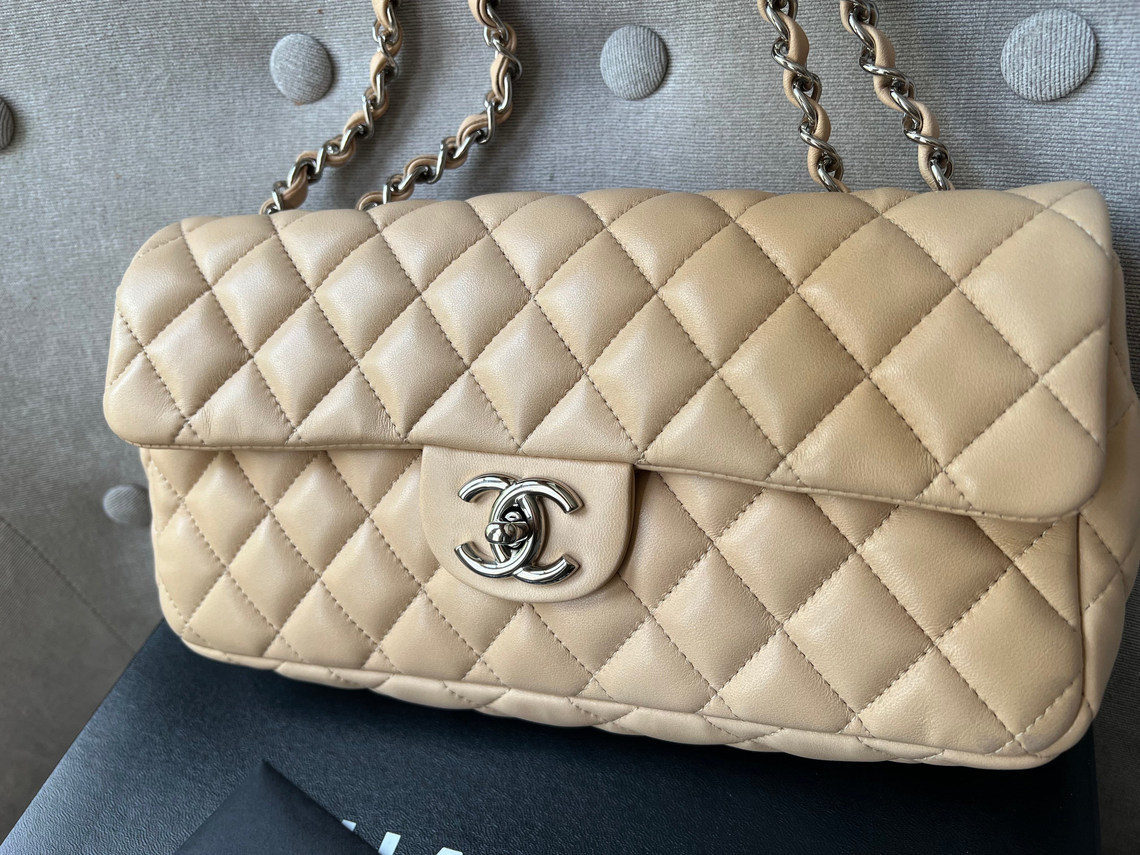 Chanel East West Flap in Light Beige Lambskin Silver Hardware