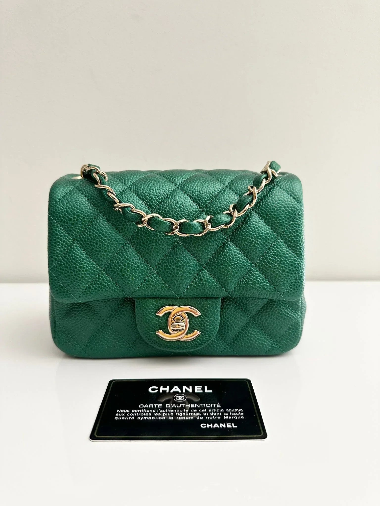CHANEL Classic Mini Caviar Flap 18s Emerald Green Light Gold Hardware