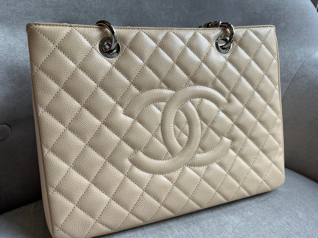 Chanel Light Beige Caviar Grand Shopper Tote with gold hardware (GST)