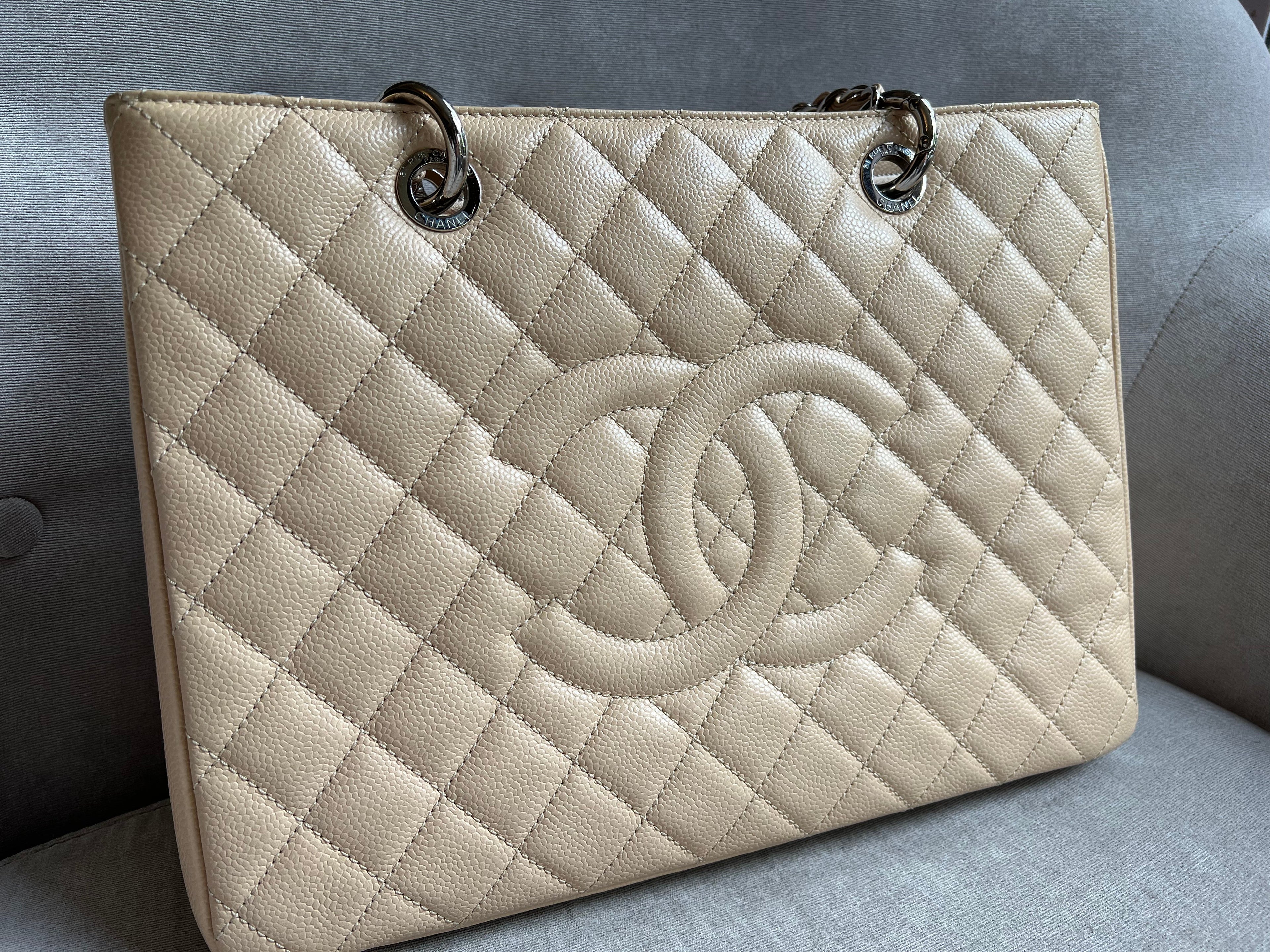 Chanel Light Beige Caviar Grand Shopper Tote with gold hardware (GST)