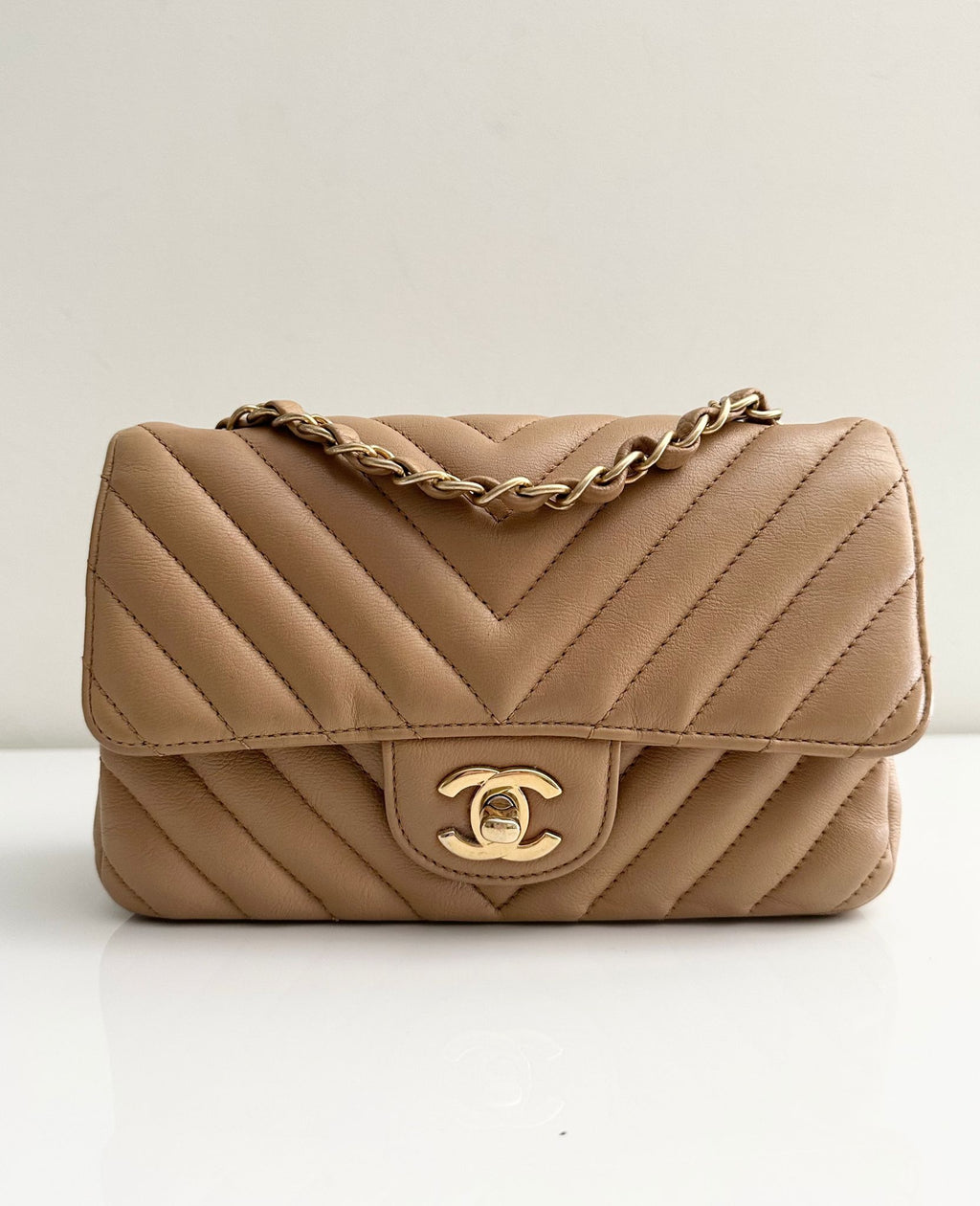 CHANEL Calfskin Dark Beige Chevron Classic Flap Mini GHW