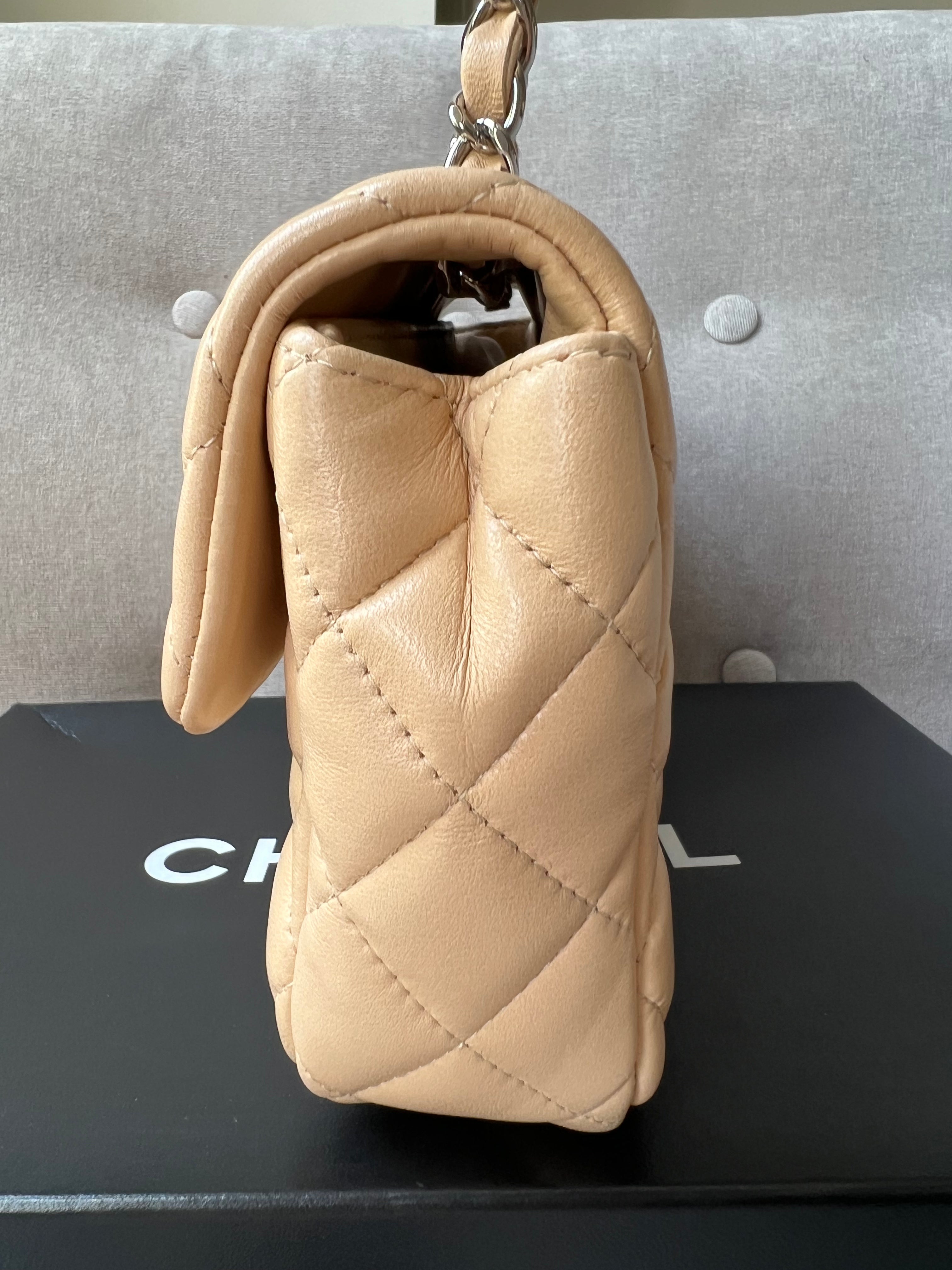 Chanel East West Flap in Light Beige Lambskin Silver Hardware