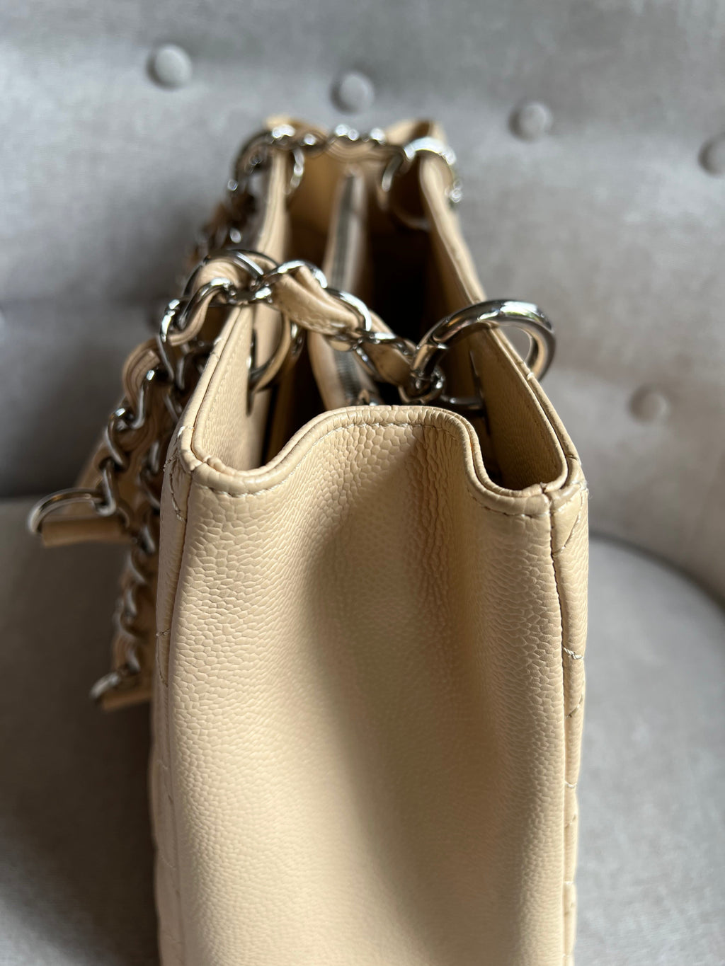 Chanel Light Beige Caviar Grand Shopper Tote with gold hardware (GST)