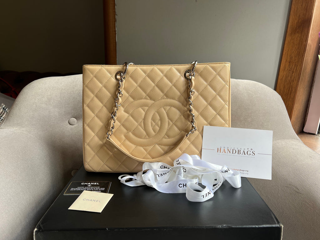 Chanel Light Beige Caviar Grand Shopper Tote with gold hardware (GST)