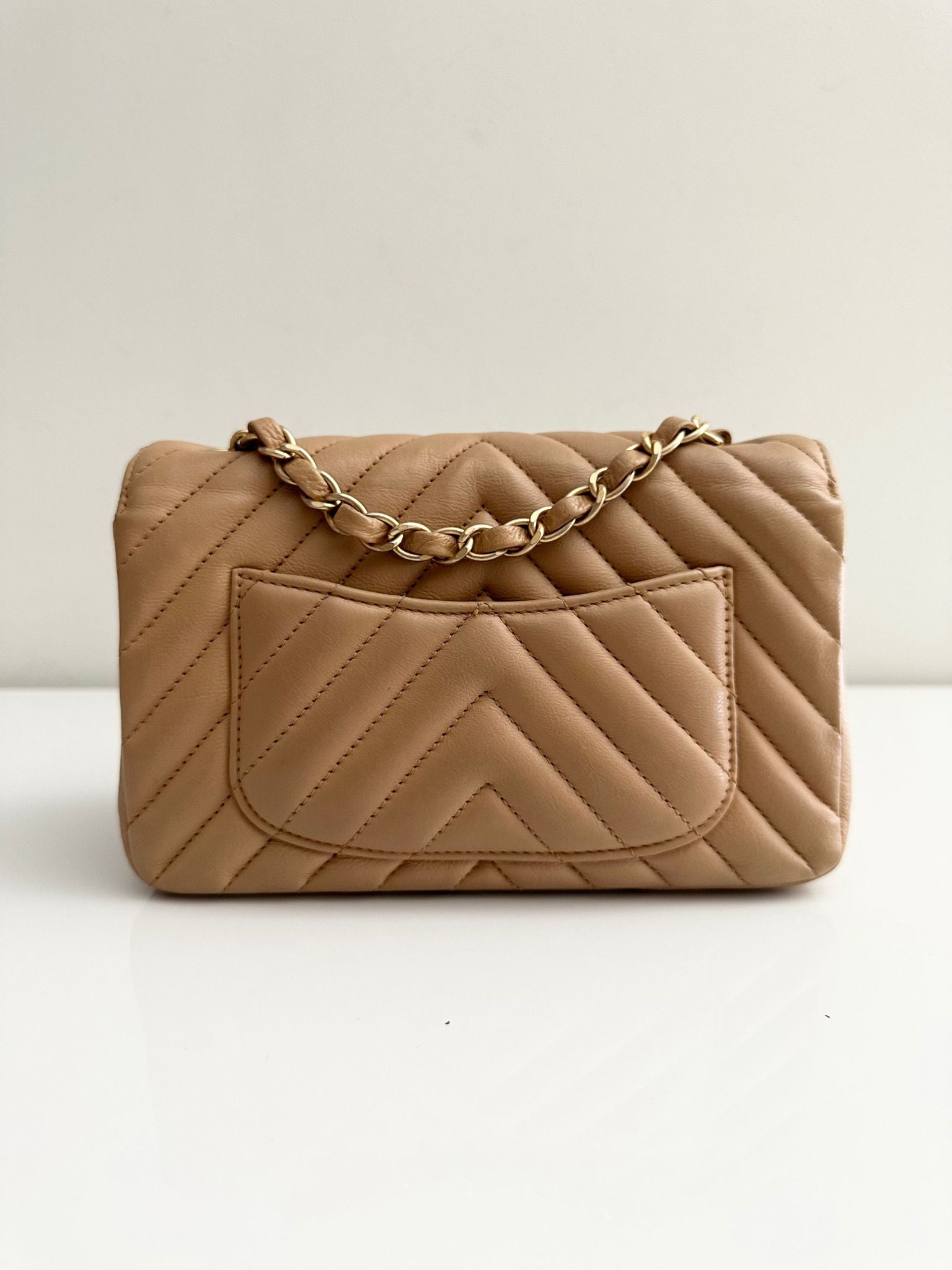 CHANEL Calfskin Dark Beige Chevron Classic Flap Mini GHW