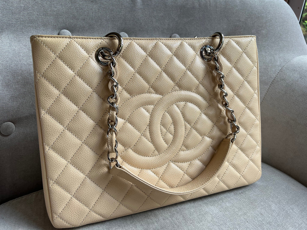 Chanel Light Beige Caviar Grand Shopper Tote with gold hardware (GST)
