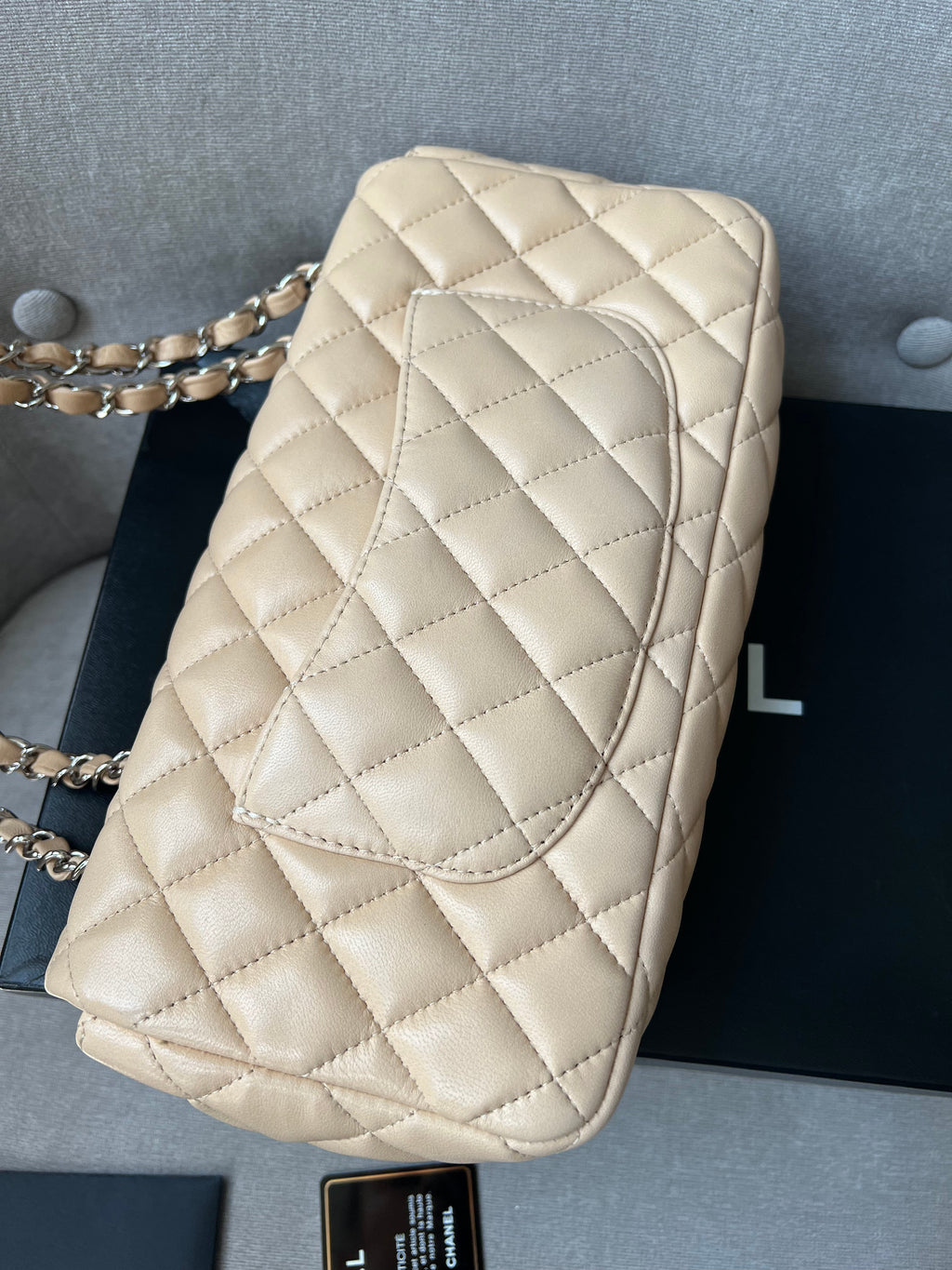Chanel East West Flap in Light Beige Lambskin Silver Hardware