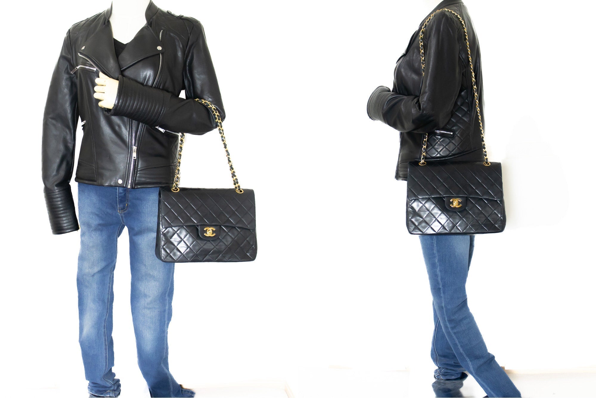 CHANEL Classic Double Flap Chain Shoulder Bag Black Lambskin Purse k88