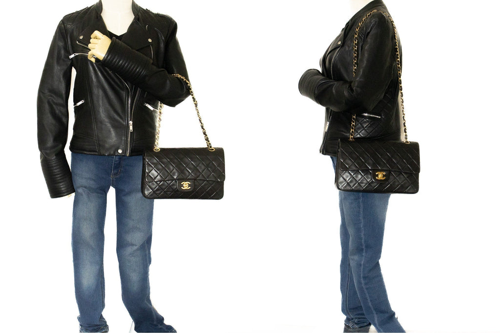 CHANEL Classic Double Flap 10" Chain Shoulder Bag Black Lambskin k04