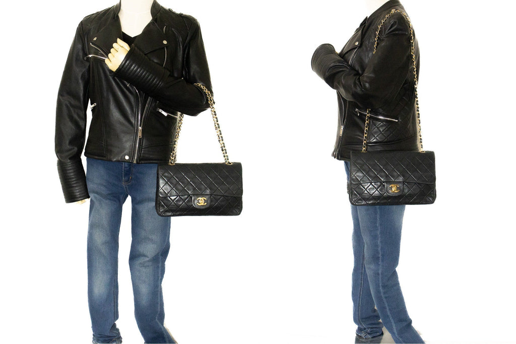 CHANEL Classic Double Flap Medium Chain Shoulder Bag Black Lamb k33