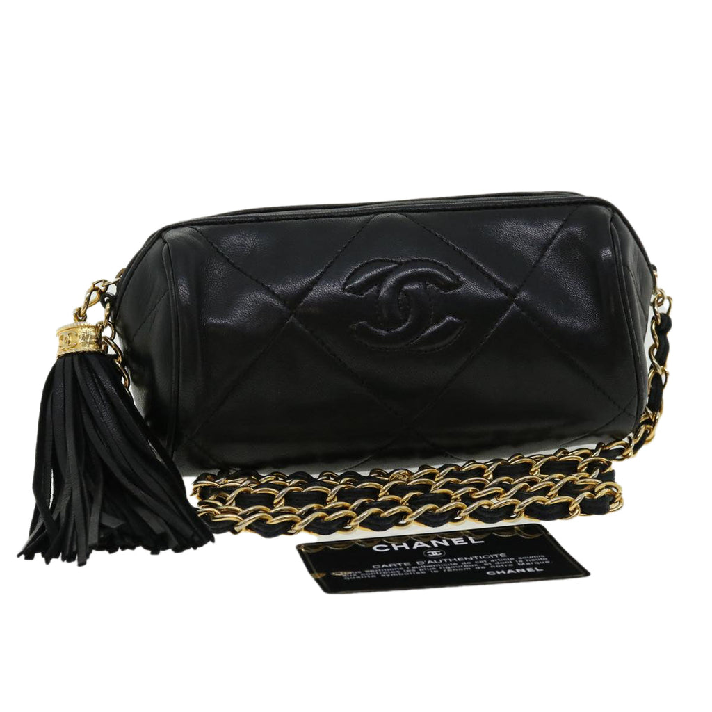 CHANEL COCO Mark FringeChain Shoulder Bag Lamb Skin Black CC  knn088