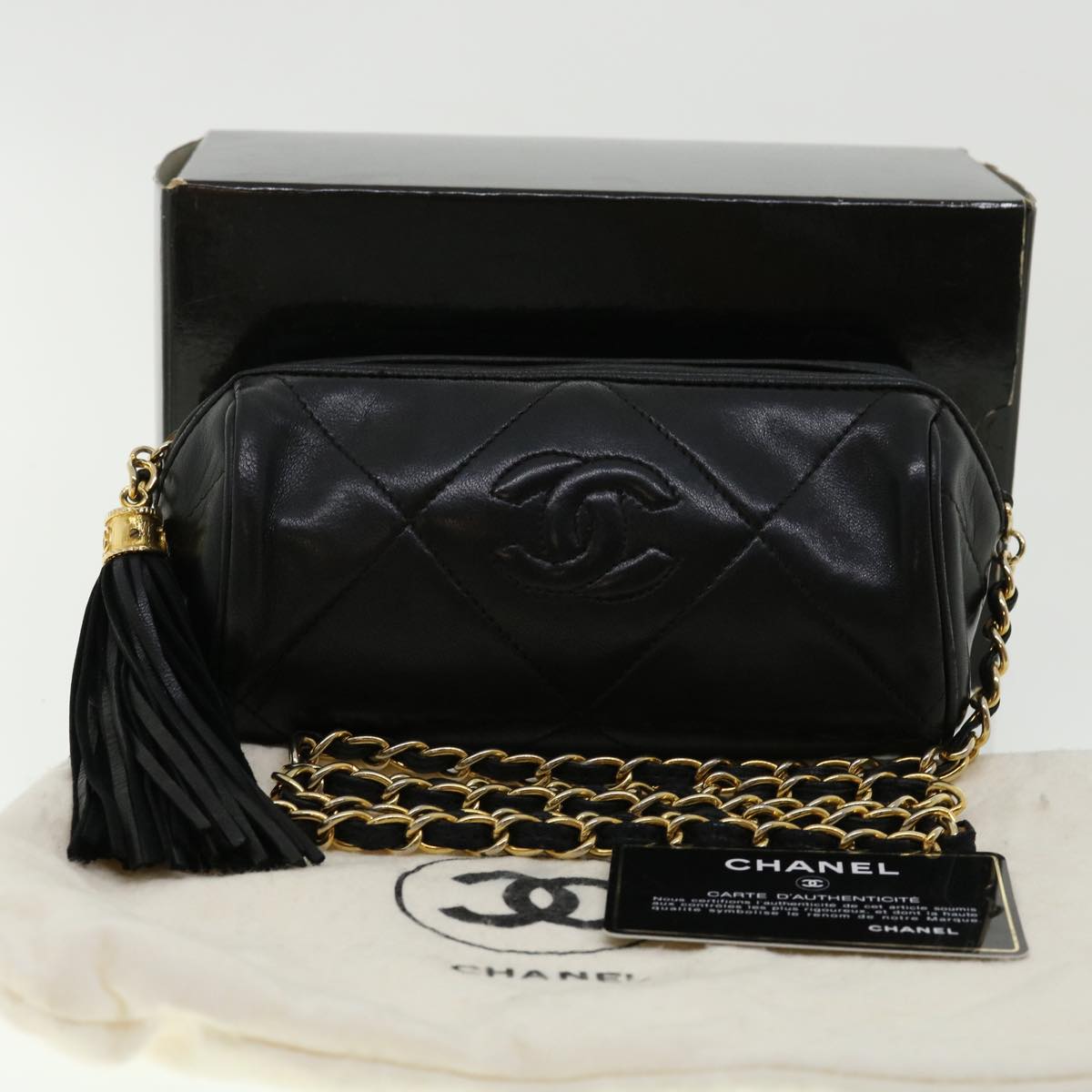CHANEL COCO Mark FringeChain Shoulder Bag Lamb Skin Black CC  knn088