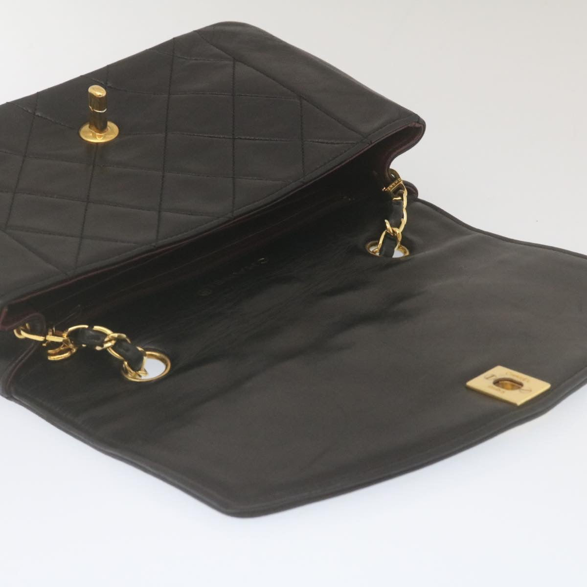 CHANEL Matelasse Turn Lock Diana Chain Shoulder Bag Lamb Skin Black Auth lt403A