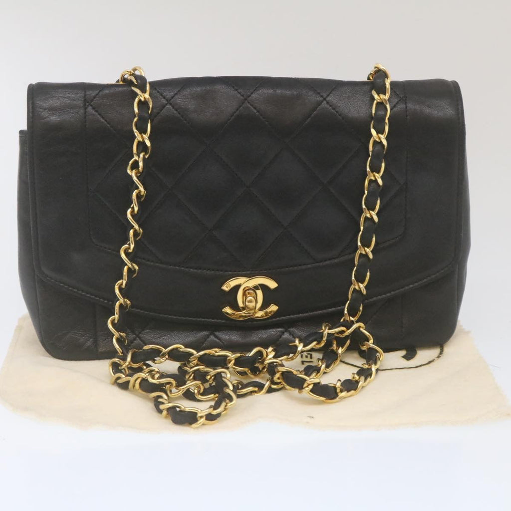 CHANEL Matelasse Turn Lock Diana Chain Shoulder Bag Lamb Skin Black  lt403A