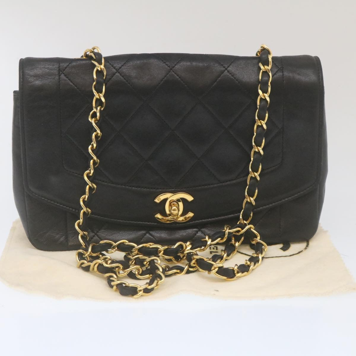 CHANEL Matelasse Turn Lock Diana Chain Shoulder Bag Lamb Skin Black Auth lt403A