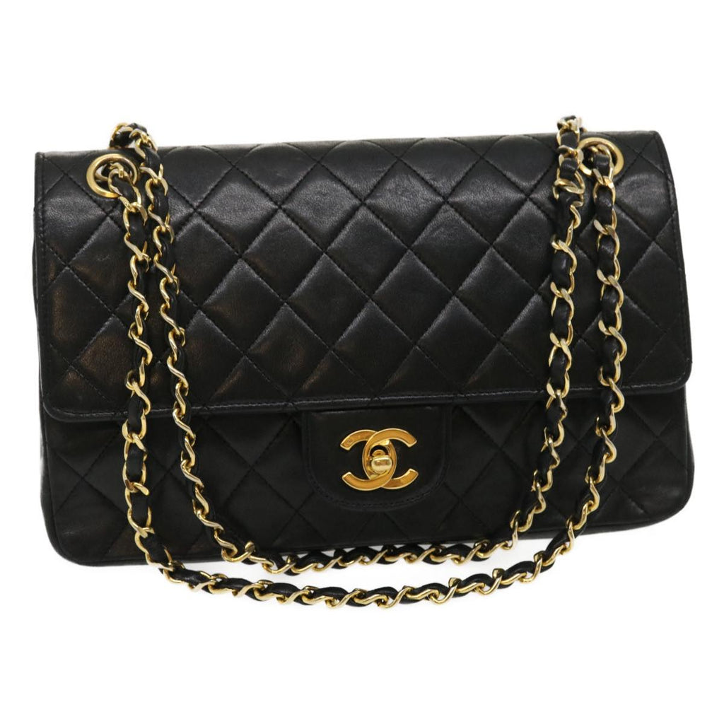 CHANEL Matelasse25 Chain Double Flap Shoulder Bag Lamb Skin Black CC Auth lt425A