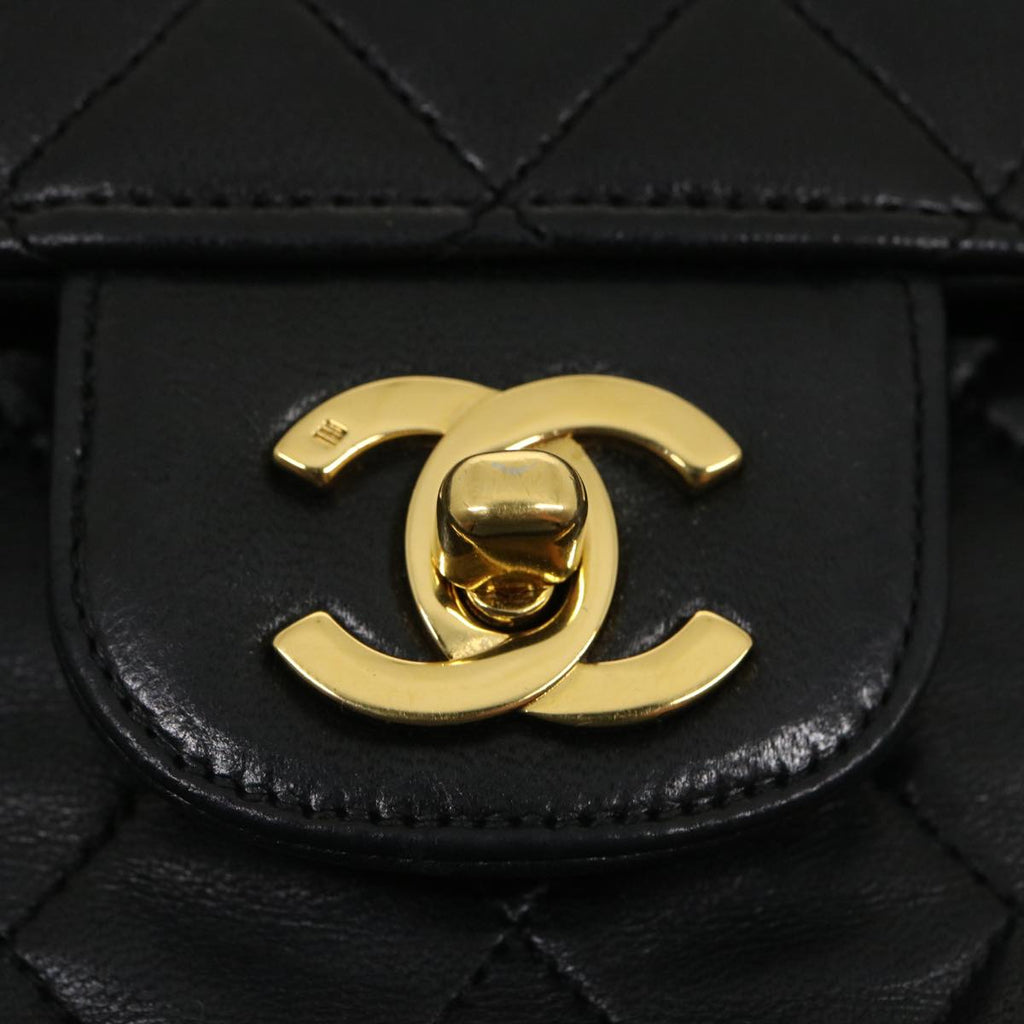 CHANEL Matelasse25 Chain Double Flap Shoulder Bag Lamb Skin Black CC Auth lt425A